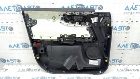 Black front right door panel for a 2021 Ford Bronco Sport with a handle, gray molding, black leather armrest, black cloth insert, whitened plastic, worn
