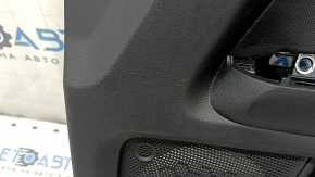 Black front right door panel for a 2021 Ford Bronco Sport with a handle, gray molding, black leather armrest, black cloth insert, whitened plastic, worn