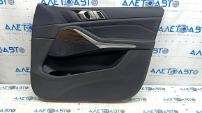 Door trim, front right, BMW X5 G05 19-23, black leather, Alu Mesheffect wood insert, black leather armrest, with handle and bumper pads, dent, scratches, no plug