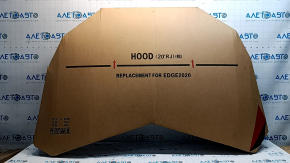 The hood of a Ford Edge 19-24 aluminum is bare and has a large dent.