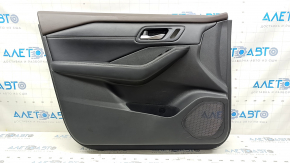 Front left door panel for Nissan Rogue 23-24 US built, black with black leather insert, leather armrest, brown top, with handle and trim, dented, scuffed