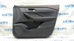 Front right door panel for Nissan Rogue 23-24 US built, black with black leather insert, leather armrest, brown top, with handle and trim