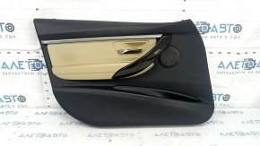 Front left door panel for BMW 3 Series F30 12-18, black, Fineline dark wood trim, beige leather insert, with gray molding and lighting, with handle, scratches, dents
