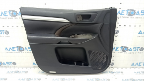 Front left door panel for Toyota Highlander 2017-2019, black, armrest leather black, dark red insert, gray molding, with plug, dented, needs cleaning
