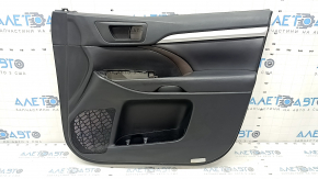 Front right door panel for Toyota Highlander 2017-2019, black, armrest leather black, dark red insert, gray molding, with plug, dented, needs cleaning