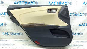 Rear left door panel for Toyota Avalon 13-15, black with beige leather insert, brown leather armrest, with handle, scratches, whitened plastic