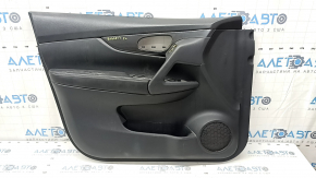Front left door panel for Nissan Rogue 17-20, black with black plastic insert, leather armrest, graphite molding, dent, needs cleaning, worn