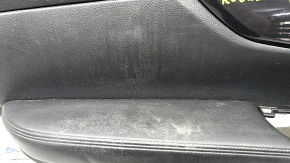 Front left door panel for Nissan Rogue 17-20, black with black plastic insert, leather armrest, graphite molding, dent, needs cleaning, worn