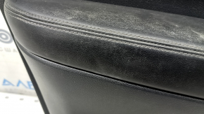 Front left door panel for Nissan Rogue 17-20, black with black plastic insert, leather armrest, graphite molding, dent, needs cleaning, worn
