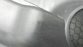 Front left door panel for Nissan Rogue 17-20, black with black plastic insert, leather armrest, graphite molding, dent, needs cleaning, worn