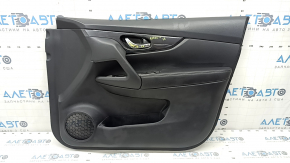 Front right door panel for Nissan Rogue 17-20, black with black plastic insert, graphite molding, black leather armrest with handle, scratches