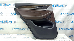 Door trim, rear left, BMW X3 G01 18-21, Vernasca Mokka brown leather, Vernasca Mokka leather armrest, dark oak insert, with backlight, with handle and overlays, scratches
