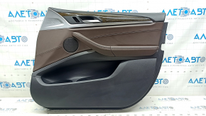 Front right door panel for BMW X3 G01 18-21 Vernasca Mokka leather, Vernasca Mokka leather armrest, dark oak insert, with backlight, with handle and overlays, scratches
