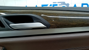 Front right door panel for BMW X3 G01 18-21 Vernasca Mokka leather, Vernasca Mokka leather armrest, dark oak insert, with backlight, with handle and overlays, scratches