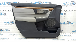 Honda CRV 17-22 front left door panel, black and gray, gray leather armrest and insert, wood molding, seat memory, with handle, scratches