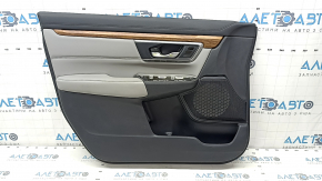 Honda CRV 17-22 front left door panel, black and gray, gray leather armrest and insert, wood molding, seat memory, with handle, scratches