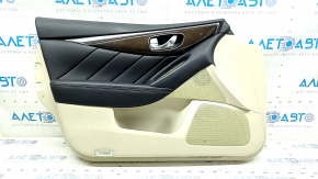 Infiniti Q50 14-20 front left door panel, beige, black leather insert, black leather armrest, wood molding, gray molding, with handle, scratch, needs cleaning