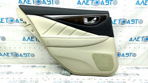 Infiniti Q50 14-20 rear left door panel, beige, armrest and insert, beige leather, wood molding, gray molding, with handle, scratches, needs cleaning