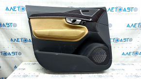 Door trim, front left, Volvo XC90 16-22, black leather, beige leather insert, beige leather armrest, without curtain, with wood trim, scratches, needs cleaning