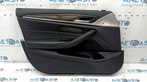 Front left door panel assembly BMW 5 G30 17-23 black leather, armrest and insert black leather, molding under the wood gloss, under the memory, scratches, handle came loose, tears