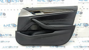 Front right door panel assembly BMW 5 G30 17-23 black leather, armrest and insert black leather, glossy wood molding, scratches, handle came loose