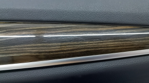 Front right door panel assembly BMW 5 G30 17-23 black leather, armrest and insert black leather, glossy wood molding, scratches, handle came loose