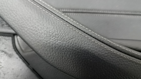 Front right door panel assembly BMW 5 G30 17-23 black leather, armrest and insert black leather, glossy wood molding, scratches, handle came loose