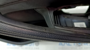 Front right door panel assembly BMW 5 G30 17-23 black leather, armrest and insert black leather, glossy wood molding, scratches, handle came loose