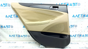 Rear left door panel for Hyundai Sonata 13-15, beige with beige leather insert, perforated, beige leather armrest, glossy gray molding, with handle, dented, needs cleaning