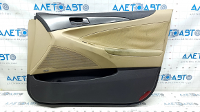 Front right door panel for Hyundai Sonata 11-15, beige with beige leather insert, perforation, beige leather armrest, glossy gray molding, infinity, with handle, scratches, needs cleaning