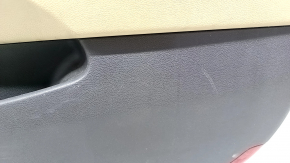 Front right door panel for Hyundai Sonata 11-15, beige with beige leather insert, perforation, beige leather armrest, glossy gray molding, infinity, with handle, scratches, needs cleaning