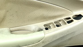 Front left door panel for Hyundai Sonata 11-15, beige with beige leather insert, perforation, beige leather armrest, glossy gray molding, infinity, with handle, scratches, needs cleaning