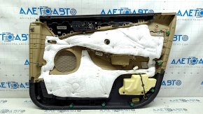 Front left door panel for Hyundai Sonata 11-15, beige with beige leather insert, perforation, beige leather armrest, glossy gray molding, infinity, with handle, scratches, needs cleaning