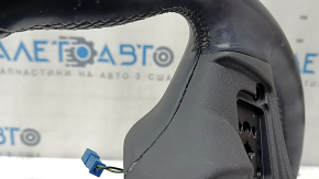 The steering wheel is bare, BMW 5 G30 17-22, black leather, Sport, heated, with a signal plate, under the paddle shifters, peeling, needs cleaning, scratches
