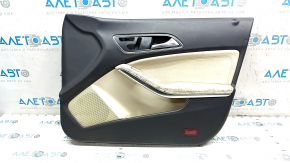 Front right door trim card Mercedes CLA 14-19 black with beige leather insert, leather armrest, chrome molding, dry-cleanable, dented