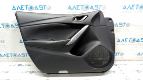 Front left door panel for Mazda 6 14-15 Grand Touring, black with black leather insert, black leather armrest, BOSE, dented, broken fasteners