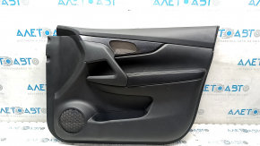 Front right door panel for a 14-16 Nissan Rogue, black with black plastic insert, glossy carbon fiber molding, leather armrest, scratches