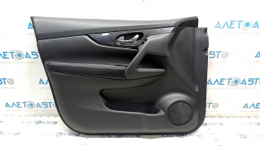 Front left door panel for a 14-16 Nissan Rogue, black, with black plastic insert, glossy carbon fiber molding, leather armrest, scratches