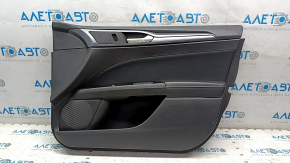 Front right door trim panel for Ford Fusion mk5 13-14, black with black cloth insert, leather armrest, glossy gray molding, dents