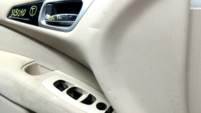 Nissan Pathfinder 13-16 front left door panel, beige with beige cloth insert, beige cloth armrest, glossy black molding, dents, dry-cleanable