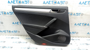 Door trim, rear left, VW Passat b8 16-19 USA, black with black plastic insert, leather armrest, gray glossy molding, dented, scratched