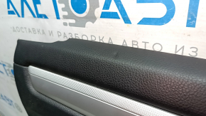 Door trim, rear left, VW Passat b8 16-19 USA, black with black plastic insert, leather armrest, gray glossy molding, dented, scratched
