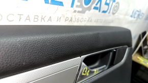 Door trim, rear left, VW Passat b8 16-19 USA, black with black plastic insert, leather armrest, gray glossy molding, dented, scratched