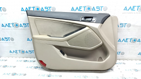 Kia Optima 11-16 front left door panel, beige, with beige cloth insert, gray trim, leather armrest, scratches, needs cleaning