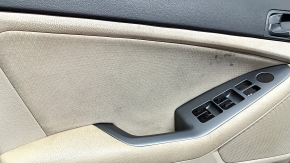 Kia Optima 11-16 front left door panel, beige, with beige cloth insert, gray trim, leather armrest, scratches, needs cleaning