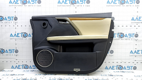 The front right door panel of the Lexus RX350 RX450h 20-22 is black, the insert is beige leather, the armrest is beige leather, the molding is light wood, without a seal, the leather is dented