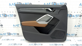 Front left door panel assembly for Audi Q3 83A 19-25, black, black leather insert, brown leather armrest, chrome moldings, scratches