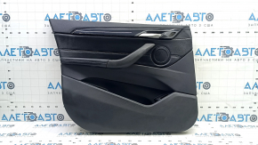Black front left door panel for BMW X1 F48 16-22, black leather insert, black leather armrest, with handle, glossy black molding, with backlight, scratches on the molding