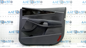 Front right door panel for a Kia Sorento 19-20, black with black plastic insert, black leather armrest, glossy black wood molding, scuffs, without window controls and handles