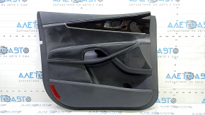 Front left door panel for a Kia Sorento 19-20, black with black plastic insert, black leather armrest, glossy black wood molding, scuffs, without window controls and handles